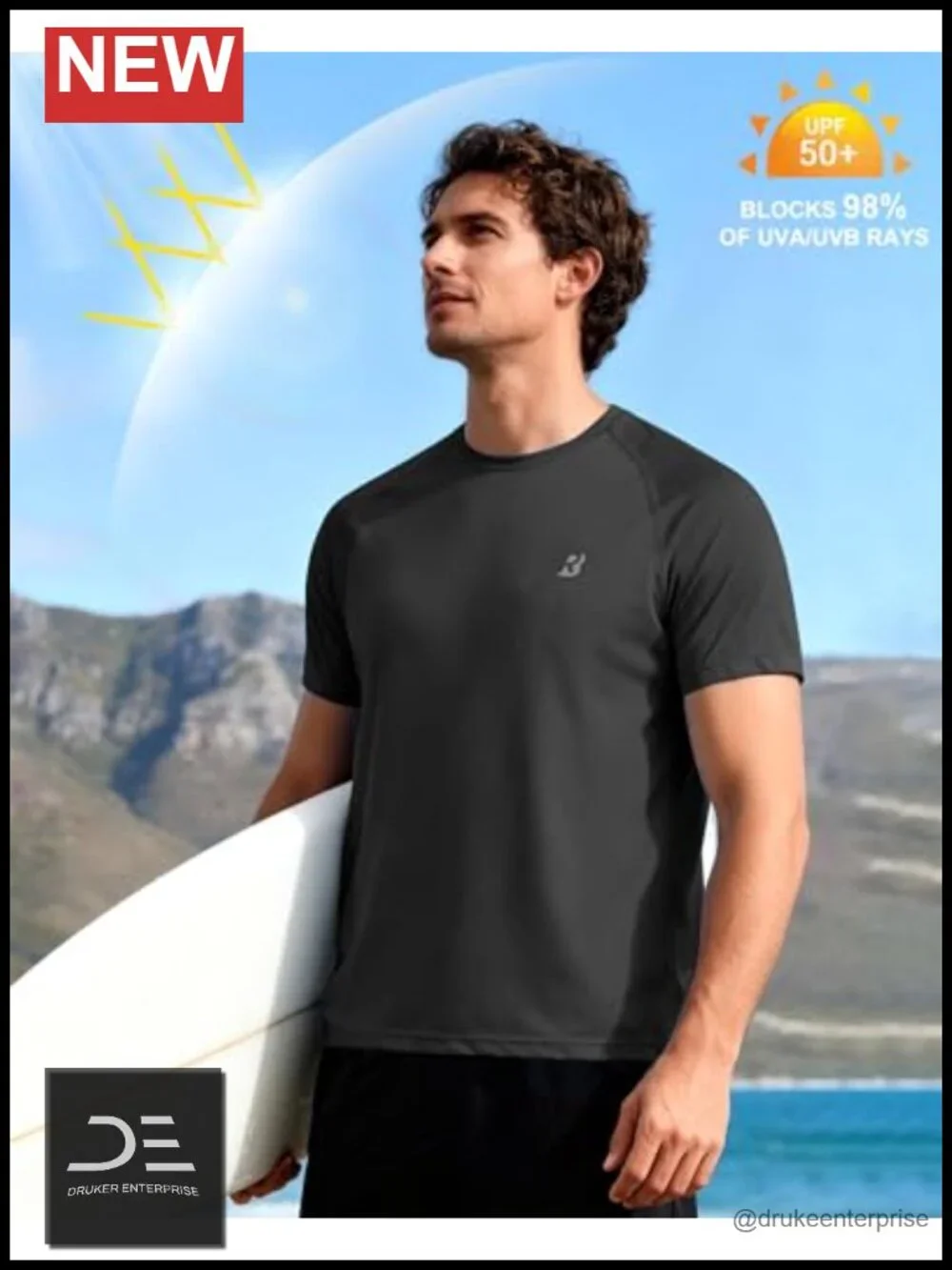 Men's UPF 50+ Rash Guard Short Sleeve Sun Protection Swim Shirt Quick Dry